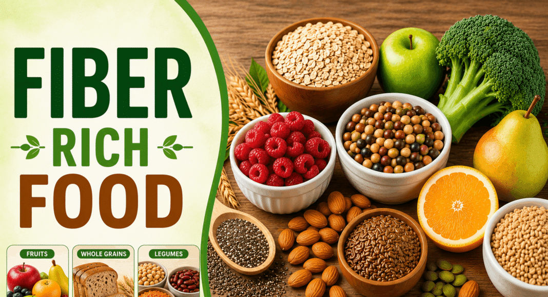 Alt text: An infographic featuring fiber-rich foods for digestive health and constipation relief, including fruits, whole grains, legumes, oats, nuts, seeds, broccoli, and citrus fruits arranged on a wooden table, with labeled sections for fruits, whole grains, and legumes.