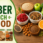 Fiber-Rich Foods for Constipation: Benefits for Digestive Health Alt text: An infographic featuring fiber-rich foods for digestive health and constipation relief, including fruits, whole grains, legumes, oats, nuts, seeds, broccoli, and citrus fruits arranged on a wooden table, with labeled sections for fruits, whole grains, and legumes.