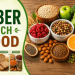 Fiber-Rich Foods for Constipation: Benefits for Digestive Health Alt text: An infographic featuring fiber-rich foods for digestive health and constipation relief, including fruits, whole grains, legumes, oats, nuts, seeds, broccoli, and citrus fruits arranged on a wooden table, with labeled sections for fruits, whole grains, and legumes.