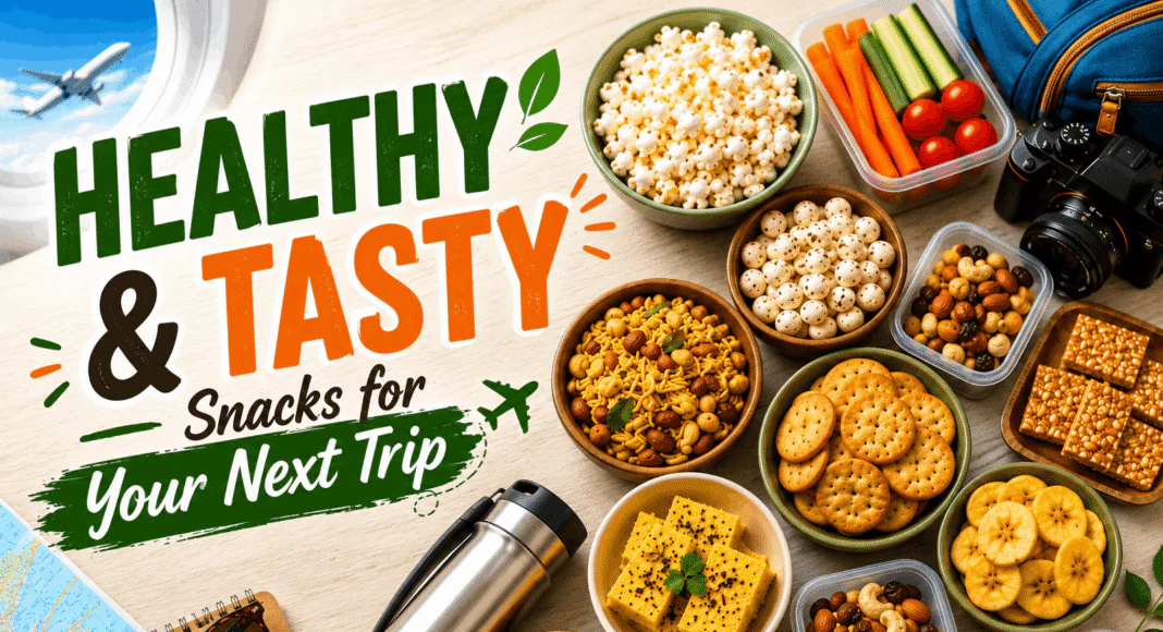 A selection of healthy travel snacks including popcorn, makhana, dry fruits, crackers, chikki, banana chips, dhokla, and fresh vegetables arranged with travel essentials for a nutritious journey.