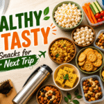 12 Healthy Snacks for Travel: Easy, Tasty & Energy-Boosting Ideas A selection of healthy travel snacks including popcorn, makhana, dry fruits, crackers, chikki, banana chips, dhokla, and fresh vegetables arranged with travel essentials for a nutritious journey.