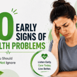 Early Signs of Health Problems You Should Not Ignore (10 Warning Signals) Illustration showing a woman experiencing a headache beside the title "10 Early Signs of Health Problems" highlighting common warning signs that should not be ignored.