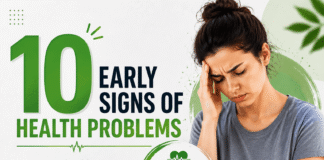 Early Signs of Health Problems You Should Not Ignore (10 Warning Signals) Illustration showing a woman experiencing a headache beside the title "10 Early Signs of Health Problems" highlighting common warning signs that should not be ignored.