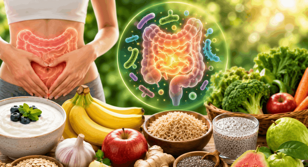Healthy foods like yogurt, bananas, garlic, ginger, and whole grains that improve gut health naturally