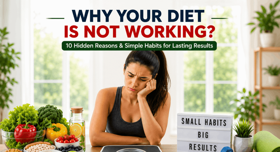 Person looking confused while eating a healthy salad with icons representing sleep, gut health, hydration, exercise, and stress as the hidden reasons why a diet may not work.