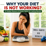 Why your diet is not working: The missing link in modern health Person looking confused while eating a healthy salad with icons representing sleep, gut health, hydration, exercise, and stress as the hidden reasons why a diet may not work.