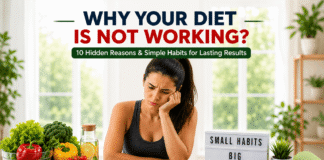 Why your diet is not working: The missing link in modern health Person looking confused while eating a healthy salad with icons representing sleep, gut health, hydration, exercise, and stress as the hidden reasons why a diet may not work.
