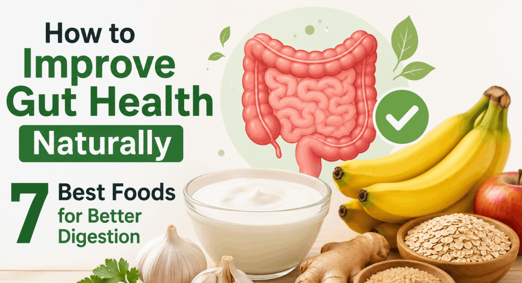 Healthy foods like yogurt, bananas, garlic, ginger, and whole grains that improve gut health naturally
