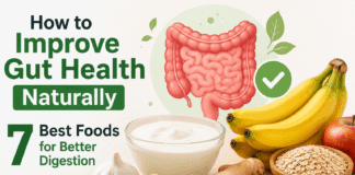 How to Improve Gut Health Naturally (7 Best Foods for Better Digestion) Healthy foods like yogurt, bananas, garlic, ginger, and whole grains that improve gut health naturally