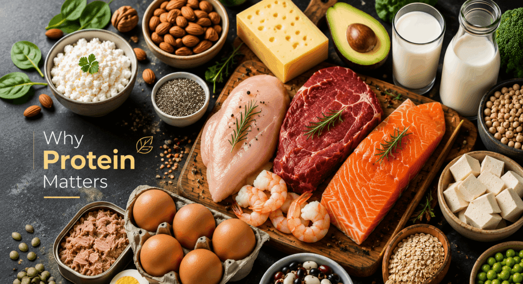 A variety of high-protein foods including salmon, chicken, eggs, tuna, tofu, milk, cheese, beans, peas, nuts, seeds, and oats arranged on a table with the text 