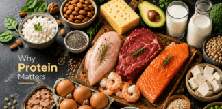 Why Protein Is Important: 10 Science-Backed Benefits for Your Health A variety of high-protein foods including salmon, chicken, eggs, tuna, tofu, milk, cheese, beans, peas, nuts, seeds, and oats arranged on a table with the text "Why Protein Matters".