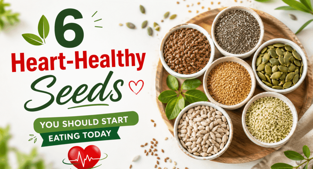 A variety of heart-healthy seeds including flaxseeds, chia seeds, pumpkin seeds, sesame seeds, sunflower seeds, and hemp seeds arranged around a heart symbol to promote cardiovascular health.