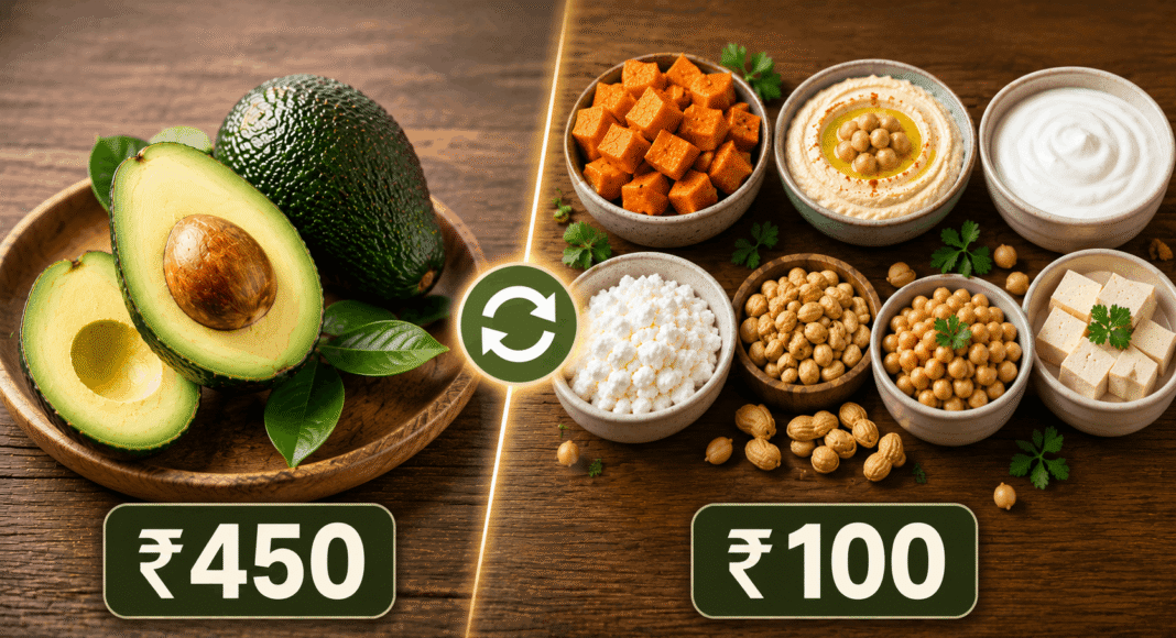 Affordable avocado alternatives including sweet potato, hummus, Greek yogurt, cottage cheese, roasted peanuts, chickpeas, and silken tofu on a wooden table