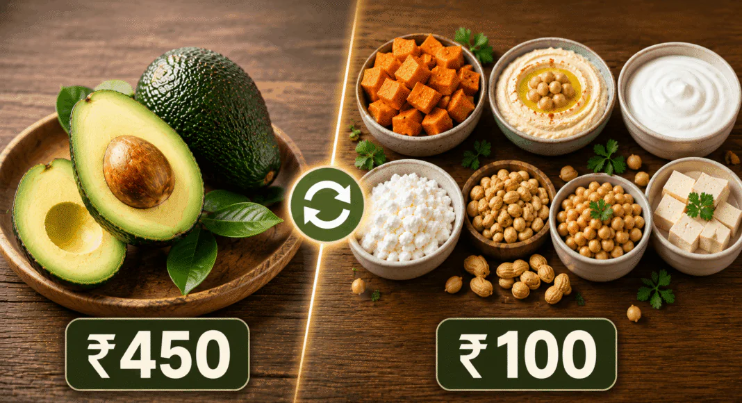 Affordable avocado alternatives including sweet potato, hummus, Greek yogurt, cottage cheese, roasted peanuts, chickpeas, and silken tofu on a wooden table
