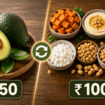 Can’t Afford Avocado? Try These 7 Healthy Alternatives Affordable avocado alternatives including sweet potato, hummus, Greek yogurt, cottage cheese, roasted peanuts, chickpeas, and silken tofu on a wooden table