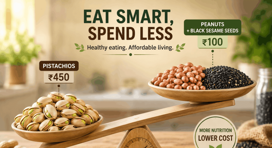 Balance scale comparing pistachios with peanuts and black sesame seeds as affordable, nutrient-rich alternatives for a healthy diet.