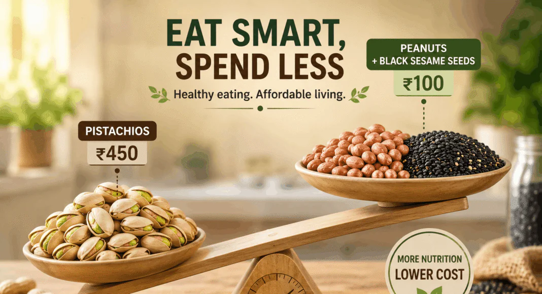 Balance scale comparing pistachios with peanuts and black sesame seeds as affordable, nutrient-rich alternatives for a healthy diet.