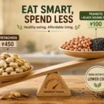 Can’t Afford Pistachios? Eat These 2 Alternatives Foods Instead Balance scale comparing pistachios with peanuts and black sesame seeds as affordable, nutrient-rich alternatives for a healthy diet.