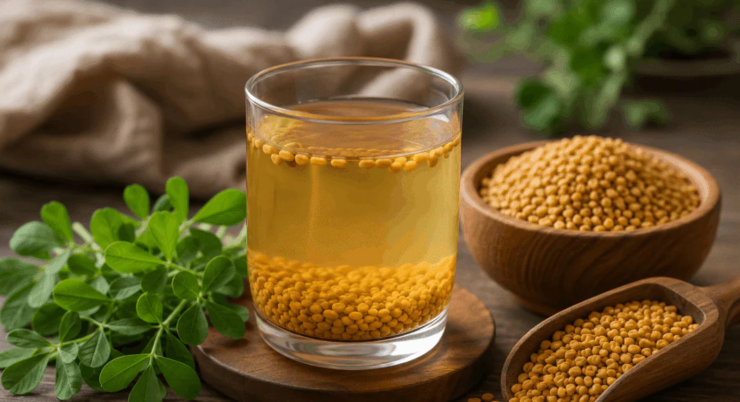 Fenugreek soaked water prepared by soaking methi seeds overnight in a glass of water