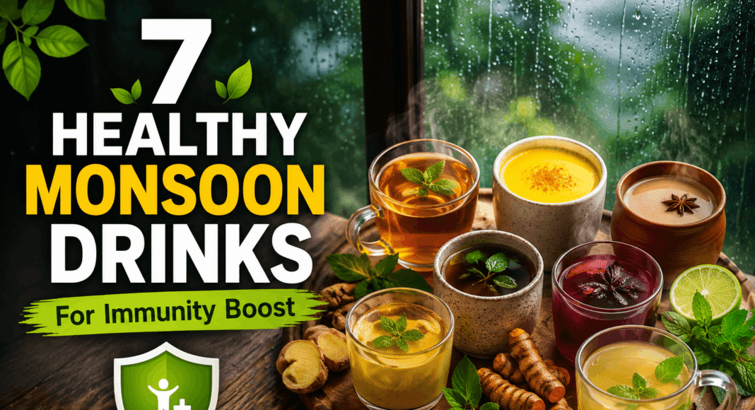 A collection of healthy monsoon drinks like herbal tea and turmeric milk in earthen cups.
