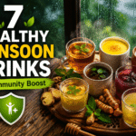 7 Healthy Monsoon Drinks For Immunity Boost A collection of healthy monsoon drinks like herbal tea and turmeric milk in earthen cups.
