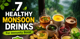 7 Healthy Monsoon Drinks For Immunity Boost A collection of healthy monsoon drinks like herbal tea and turmeric milk in earthen cups.