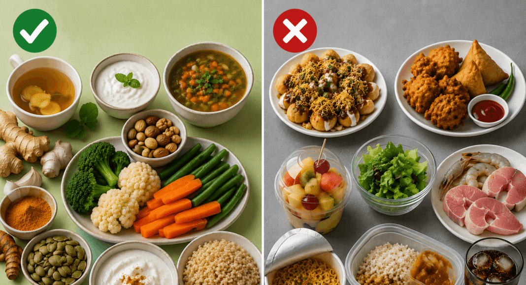 Monsoon diet foods including ginger, turmeric, garlic, seasonal fruits, soups, curd, nuts, and healthy rainy season meals