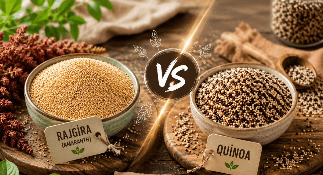 Comparison of rajgira (amaranth) and quinoa in ceramic bowls, showing rajgira as an affordable alternative to quinoa for healthy eating.