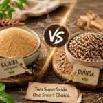 Rajgira: The Best Affordable Alternative to Quinoa Comparison of rajgira (amaranth) and quinoa in ceramic bowls, showing rajgira as an affordable alternative to quinoa for healthy eating.