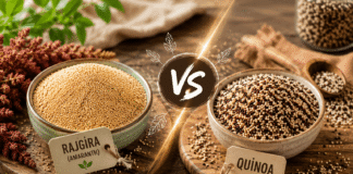 Rajgira: The Best Affordable Alternative to Quinoa Comparison of rajgira (amaranth) and quinoa in ceramic bowls, showing rajgira as an affordable alternative to quinoa for healthy eating.
