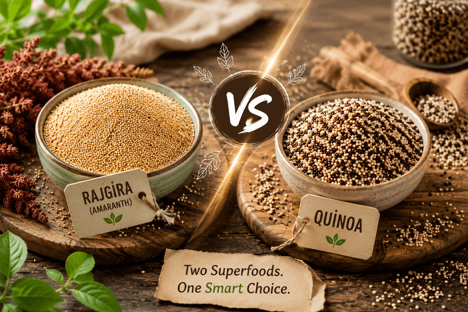 Comparison of rajgira (amaranth) and quinoa in ceramic bowls, showing rajgira as an affordable alternative to quinoa for healthy eating.