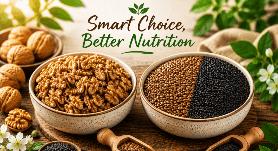 Bowl of walnuts beside a bowl containing equal halves of flax seeds and black sesame seeds as an affordable, nutrient-rich alternative to walnuts.