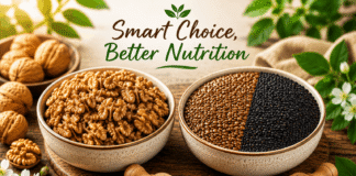Try This Superfood: A Smart Alternative to Walnuts Bowl of walnuts beside a bowl containing equal halves of flax seeds and black sesame seeds as an affordable, nutrient-rich alternative to walnuts.