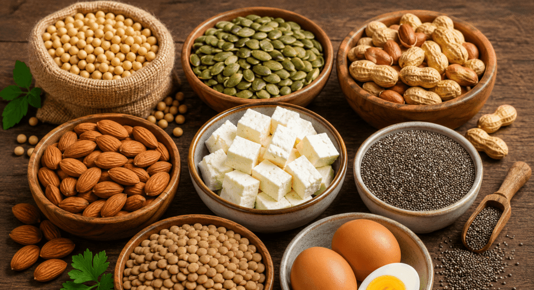 Top 7 superfoods with more protein than eggs including soybeans, pumpkin seeds, peanuts, lentils, almonds, paneer, and chia seeds.