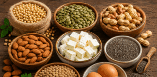 Top 7 Amazing High Protein Superfoods More Than Eggs Top 7 superfoods with more protein than eggs including soybeans, pumpkin seeds, peanuts, lentils, almonds, paneer, and chia seeds.