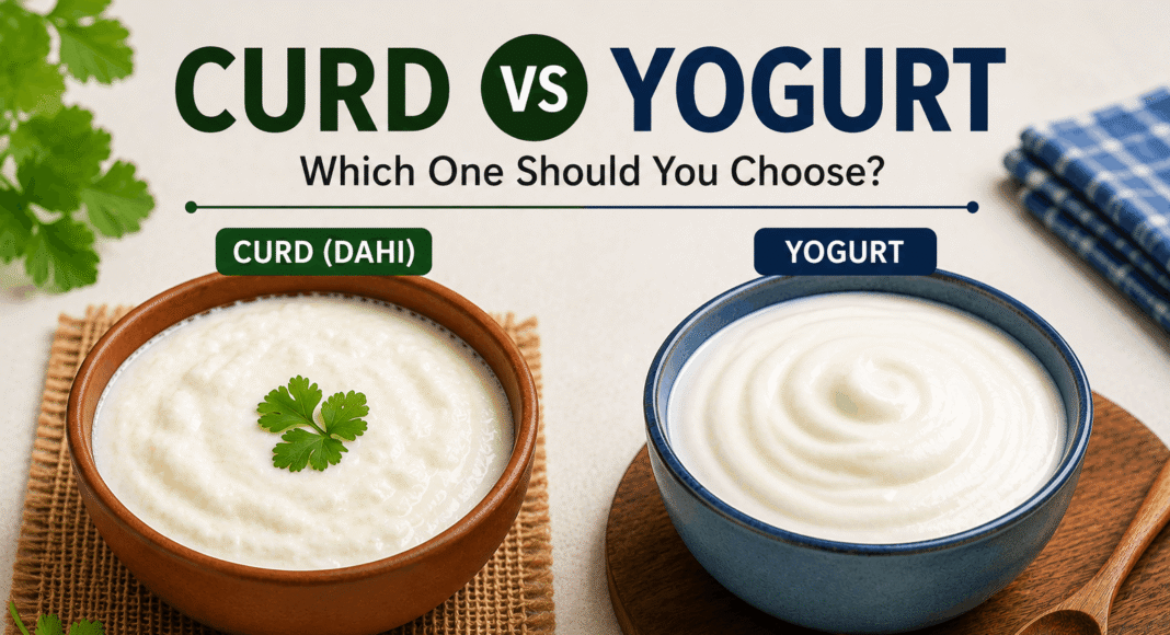 Curd vs yogurt comparison with bowls of dahi and yogurt