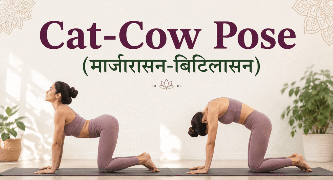 Woman practising Cat-Cow Pose (Marjaryasana-Bitilasana) for fertility, spinal flexibility, and relaxation.