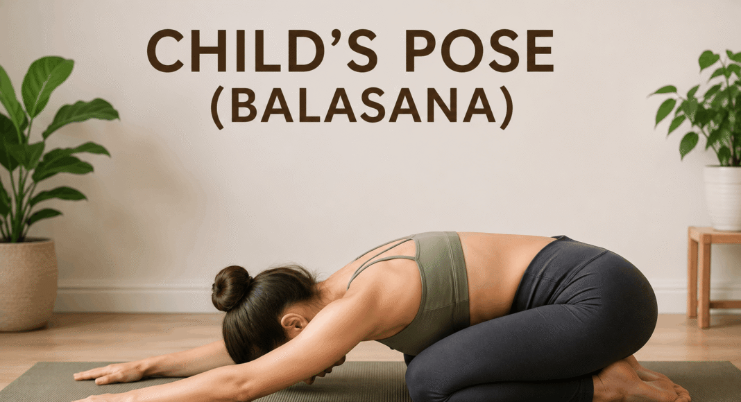 Woman performing Child's Pose (Balasana) on a yoga mat to promote relaxation, flexibility, and overall reproductive wellness.