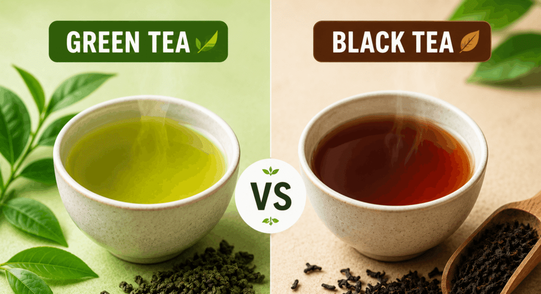 Green tea and black tea compared for taste, caffeine and health benefits.