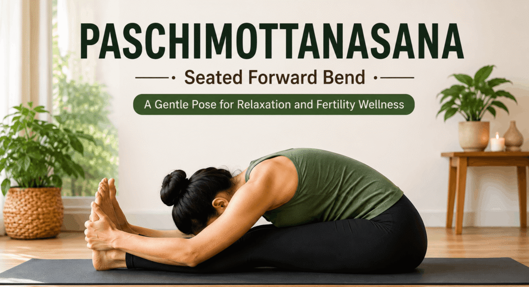 Woman practising Paschimottanasana (Seated Forward Bend) for fertility and relaxation.