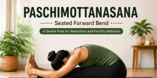 Can Paschimottanasana Help Fertility? Benefits, Steps & Precautions Woman practising Paschimottanasana (Seated Forward Bend) for fertility and relaxation.