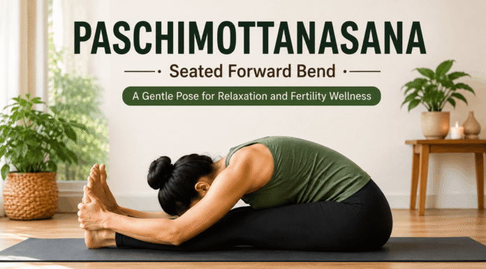 Can Paschimottanasana Help Fertility? Benefits, Steps & Precautions Woman practising Paschimottanasana (Seated Forward Bend) for fertility and relaxation.